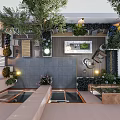 Courtyard Garden Design With Various Plants Outdoor Seating Paved Floor And Ambient Lighting