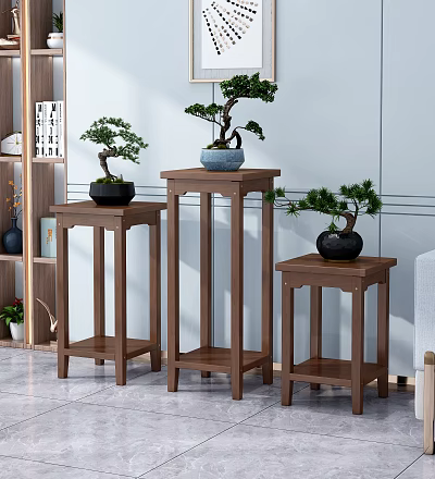 Modern Wooden Plant Stands with Bonsai Plants in Indoor Living Space 3d model