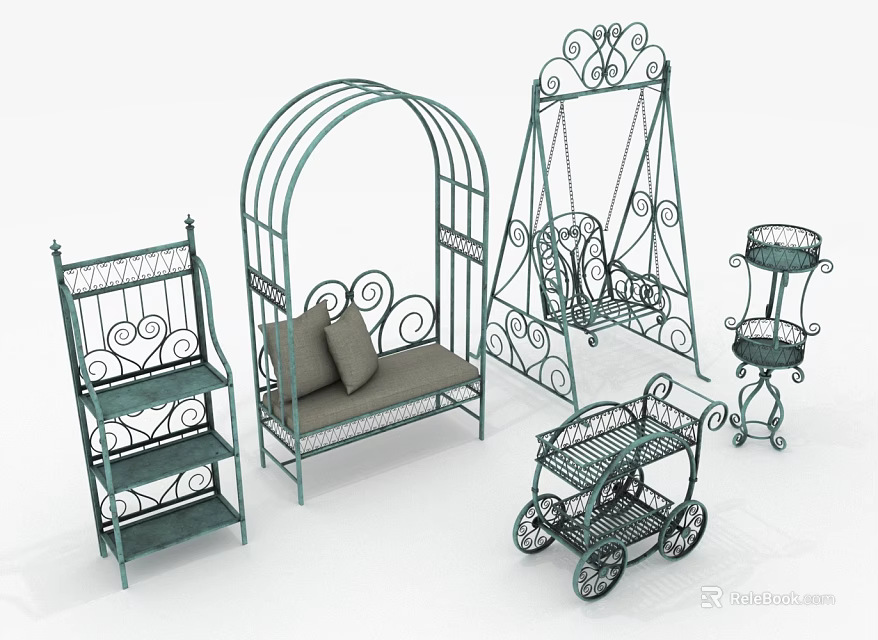 Decorative Iron Garden Furniture Collection With Plant Shelf Bench Swing Cart And Scrollwork Design 3d model 