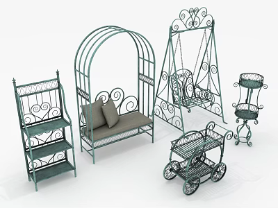 Decorative Iron Garden Furniture Collection With Plant Shelf Bench Swing Cart And Scrollwork Design 3d model