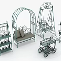 Decorative Iron Garden Furniture Collection With Plant Shelf Bench Swing Cart And Scrollwork Design