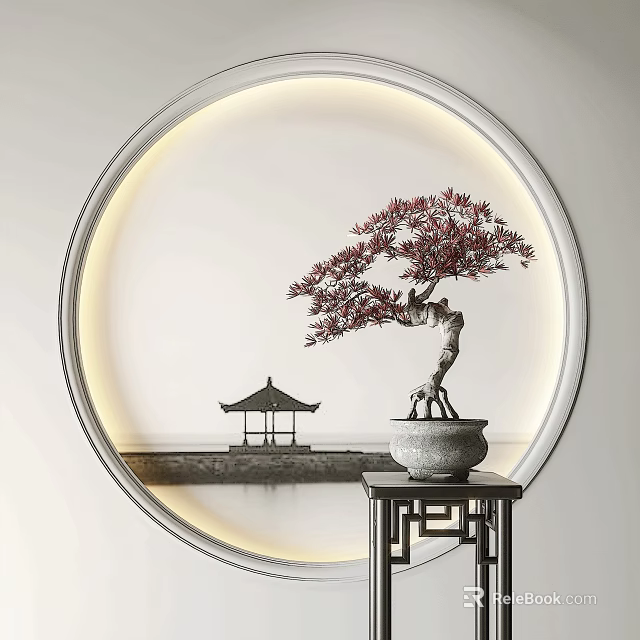 Bonsai Tree With Curved Trunk In Stone Pot On Wooden Stand With Round Frame 3d model 