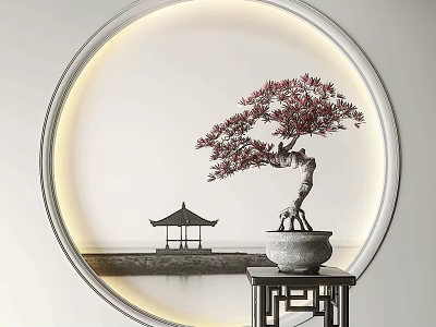 Bonsai Tree With Curved Trunk In Stone Pot On Wooden Stand With Round Frame 3d model