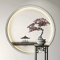 Bonsai Tree With Curved Trunk In Stone Pot On Wooden Stand With Round Frame