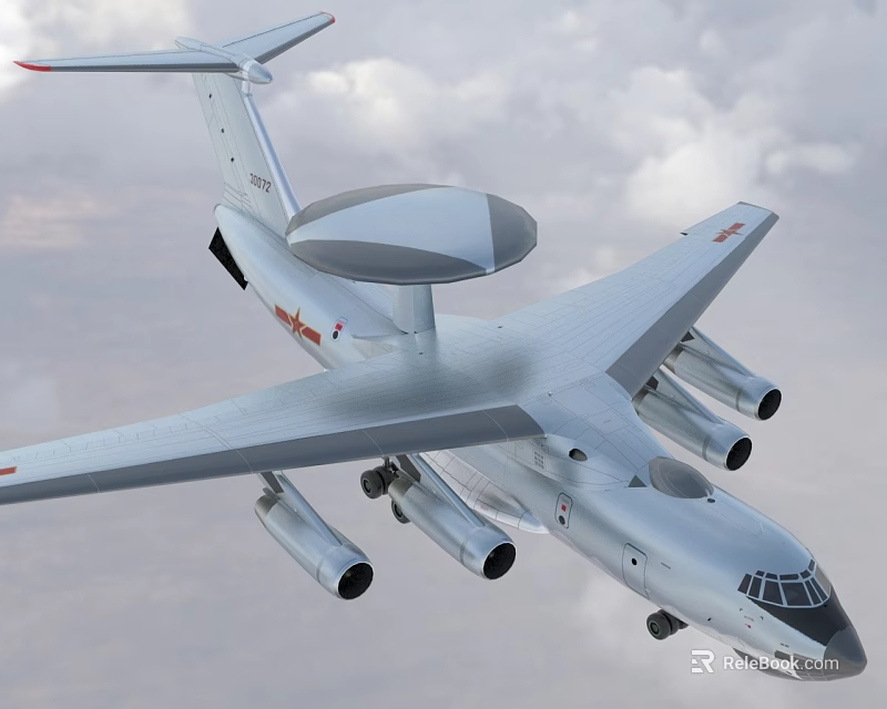 Silver Gray Military Fighter Jet Flying with Four Engines and Dome Radar on Top 3d model 