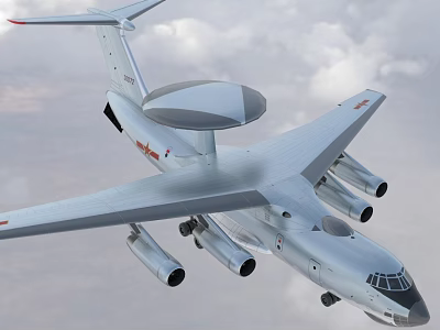 Silver Gray Military Fighter Jet Flying with Four Engines and Dome Radar on Top 3d model