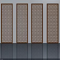 Four Brown Hinged Doors With Intricate Openwork Patterns On White Background And Reflective Floor 3d model