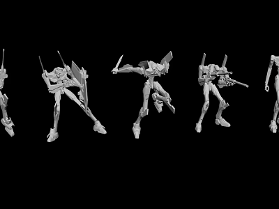 White Mechanical Humanoid Figures in Different Action Poses on Black Background 3d model