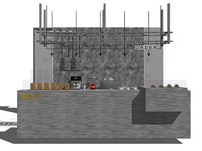 Modern Reception Desk Design With Gray Surface And Hanging Lighting Fixtures 3d model