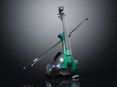 Vibrant Instruments and Art Supplies Display With Green Violin Bow Brushes and Paints 3d model