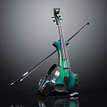 Vibrant Instruments and Art Supplies Display With Green Violin Bow Brushes and Paints