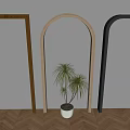 Three Different Colored Door Arches With Potted Plant On Wooden Herringbone Floor