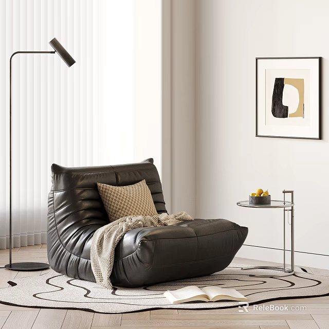 Black Leather Bean Bag Chair With Beige Cushion Blanket And Side Table Fruits Floor Lamp Window Blinds Wall Art 3d model 