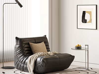 Black Leather Bean Bag Chair With Beige Cushion Blanket And Side Table Fruits Floor Lamp Window Blinds Wall Art 3d model