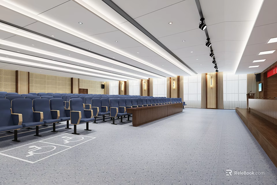 Modern Conference Room with Large Blue Seats Long Tables Ceiling Lighting Design and Speaker Platform 3d model 