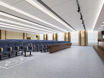 Modern Conference Room with Large Blue Seats Long Tables Ceiling Lighting Design and Speaker Platform 3d model