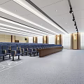 Modern Conference Room with Large Blue Seats Long Tables Ceiling Lighting Design and Speaker Platform