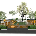 Modern Park Playground With Circular Lawn Paved Ground And Green Trees