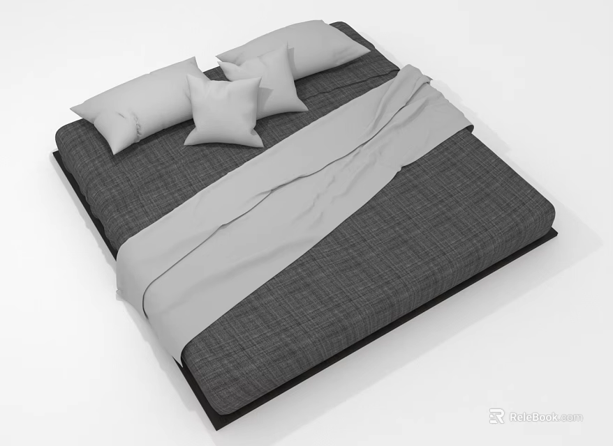 Double Bed with Gray Linen Sheets White Pillowcases and Modern Minimalist Design 3d model 