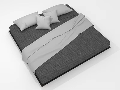 Double Bed with Gray Linen Sheets White Pillowcases and Modern Minimalist Design 3d model