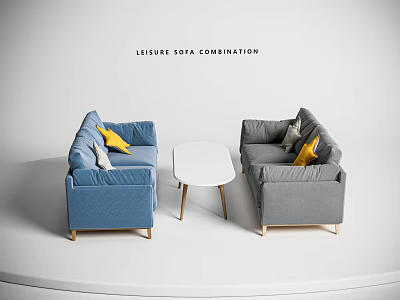 Leisure Sofa Combination With Blue Gray Couches White Coffee Table And Yellow Gray Pillows 3d model