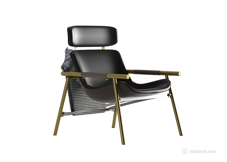 Modern Black Leather Leisure Chair With Gold Metal Frame And Comfortable Armrests 3d model 