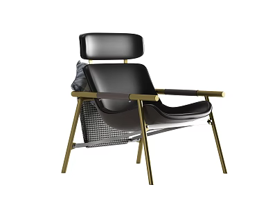 Modern Black Leather Leisure Chair With Gold Metal Frame And Comfortable Armrests 3d model