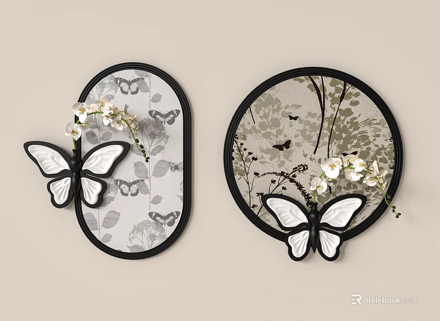 Elegant Wall Decor with Black Frames Butterfly Patterns and White Flowers Decorative Home Art 3d model 