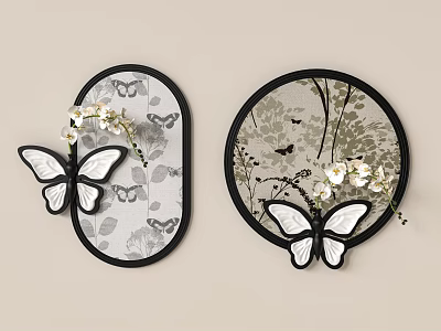 Elegant Wall Decor with Black Frames Butterfly Patterns and White Flowers Decorative Home Art 3d model