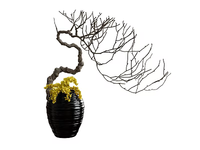 Floral Art Installation With Black Woven Vase Curved Bare Branches And Yellow Accents 3d model