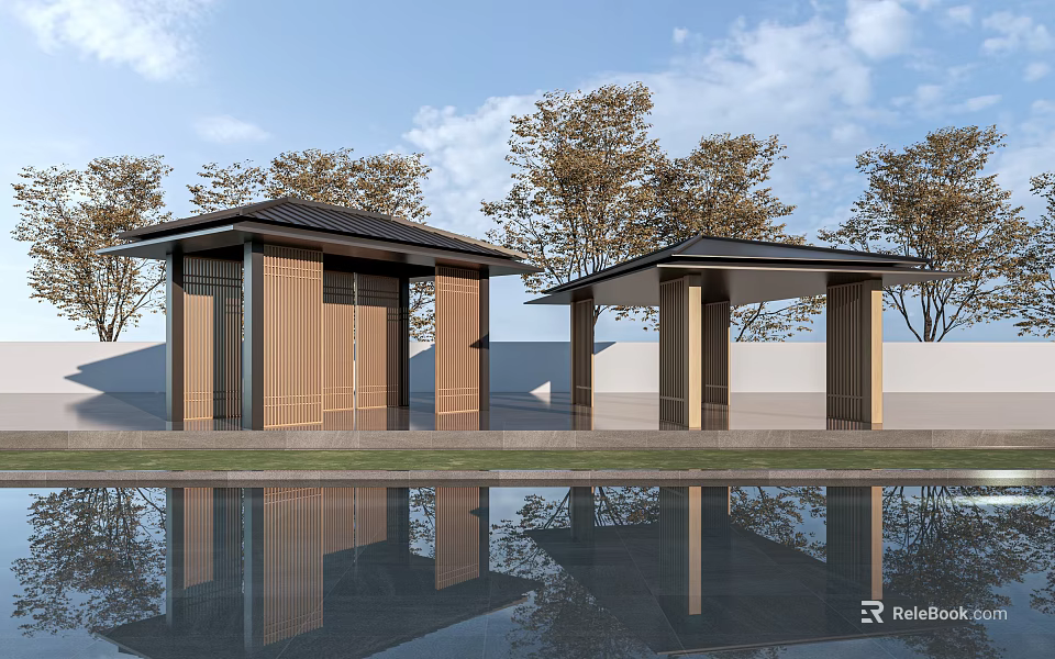 Modern Scenic Pavilions with Black Roofs and Wooden Structures by Water Pool Reflections and Trees 3d model 