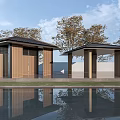 Modern Scenic Pavilions with Black Roofs and Wooden Structures by Water Pool Reflections and Trees