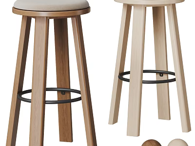 Wooden Bar Stools with Brown and Light Wood Legs Round Upholstered Seat and Black Metal Footrest 3d model