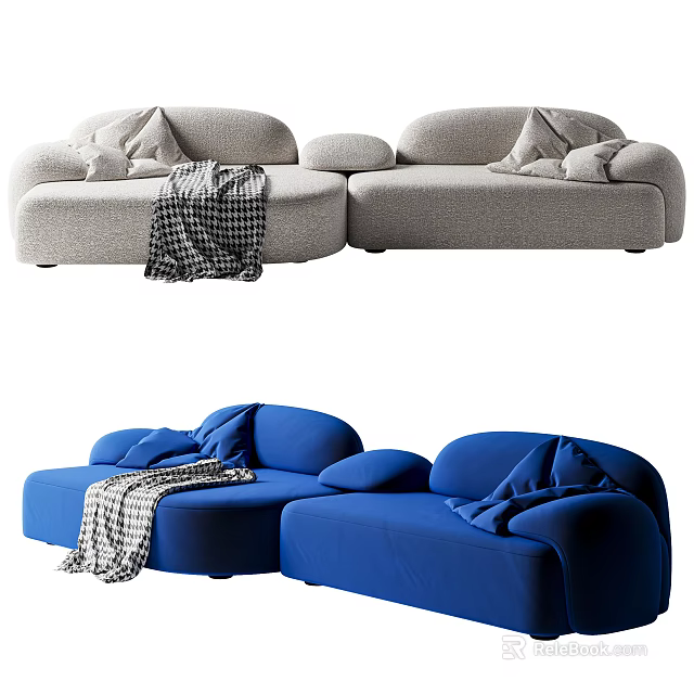 Modern Gray and Blue Sectional Sofa with Soft Pillows and Cozy Blanket 3d model 
