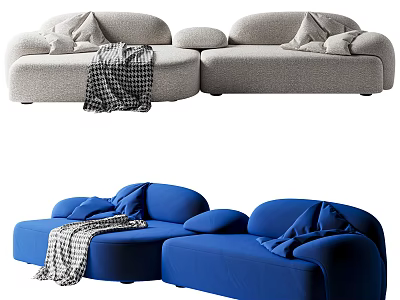 Modern Gray and Blue Sectional Sofa with Soft Pillows and Cozy Blanket 3d model