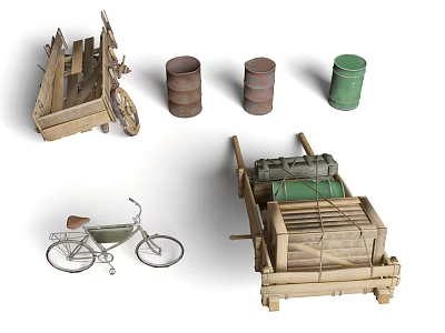 Vintage Wooden Carts Metal Barrels And Bicycle With Loaded Goods Scene 3d model