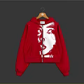 Red Cropped Hoodie With Oversized Sleeves White Graphic Print And Zipper