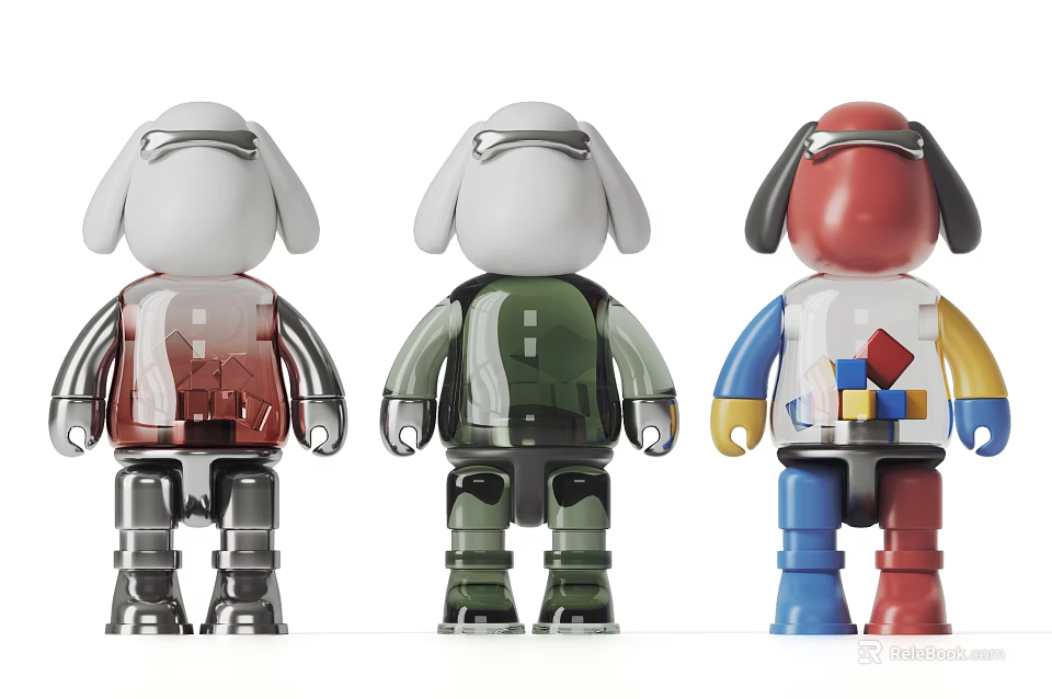 Modern Decorative Ornament Set of Three Multicolor Mechanical Robot Figurines with Unique Design 3d model 