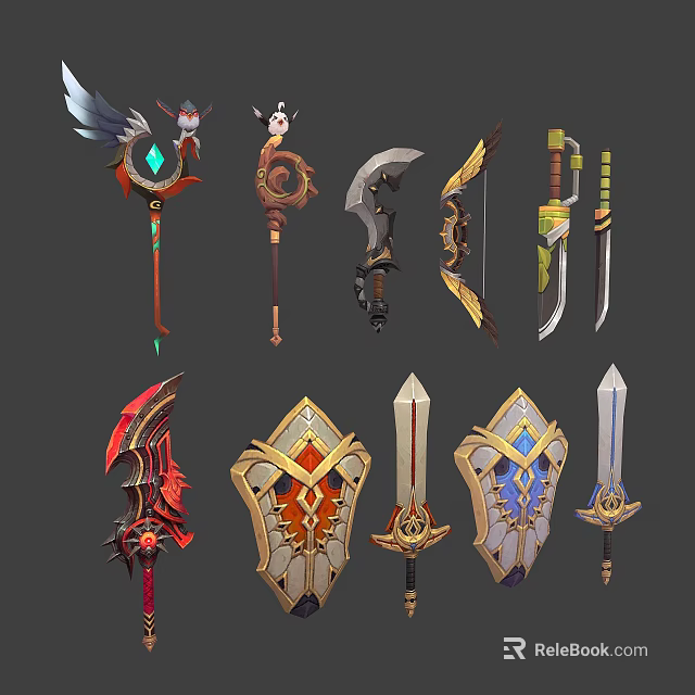Various Decorative Game Style Weapons With Swords Bows Staffs And Shields Designs 3d model 