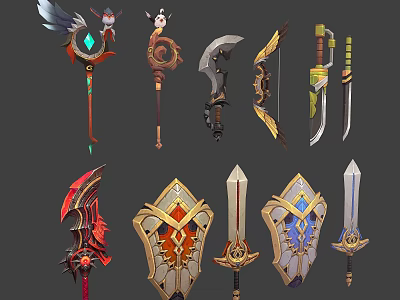 Various Decorative Game Style Weapons With Swords Bows Staffs And Shields Designs 3d model