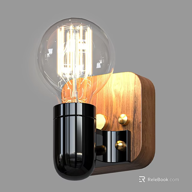 Vintage Style Wall Light with Transparent Bulb Black Socket Wooden Base and Gold Knobs 3d model 