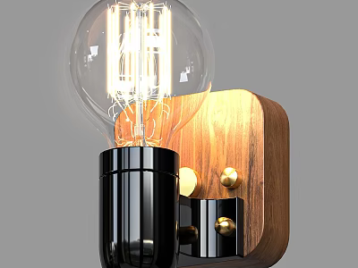 Vintage Style Wall Light with Transparent Bulb Black Socket Wooden Base and Gold Knobs 3d model