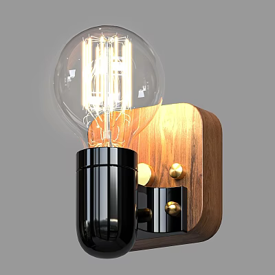 Vintage Style Wall Light with Transparent Bulb Black Socket Wooden Base and Gold Knobs 3d model