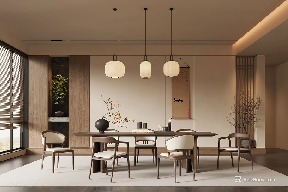 Elegant Minimalist Restaurant Interior With Wooden Dining Table Chairs Three Pendant Lights And Green Plants 3d model 