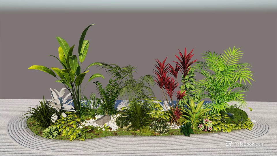 Lush Tropical Plants With Green Leaves Red Foliage And White Flowers In Garden 3d model 