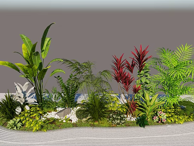 Lush Tropical Plants With Green Leaves Red Foliage And White Flowers In Garden 3d model