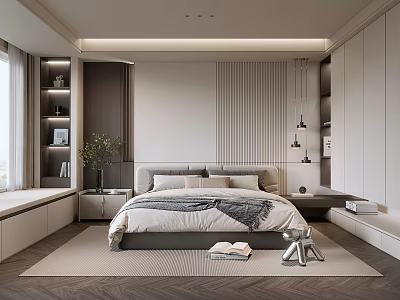 Modern Bedroom Interior With Large Bed Wardrobe Soft Rug And Green Plant 3d model