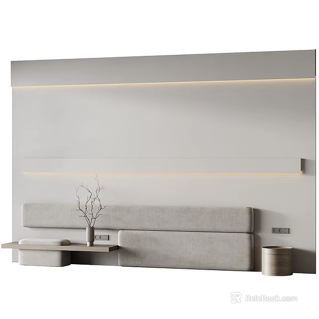 Minimalist Bedroom Accent Wall Design With Grey Upholstered Bedhead And Built In LED Lighting Strips 3d model 