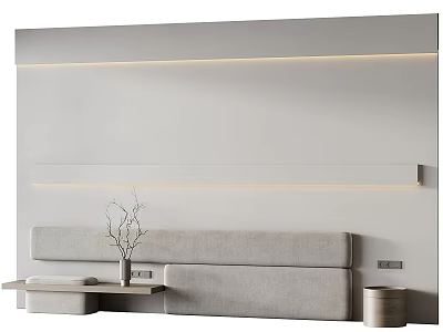 Minimalist Bedroom Accent Wall Design With Grey Upholstered Bedhead And Built In LED Lighting Strips 3d model