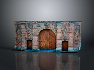 Ornate Historic Entrance Gate With Stone Brick Structure Intricate Carved Decorations And Arched Wooden Door 3d model